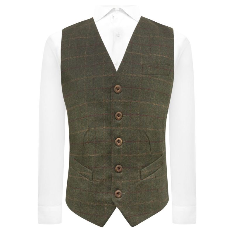 king & priory Heritage Check Moss Green Waistcoat