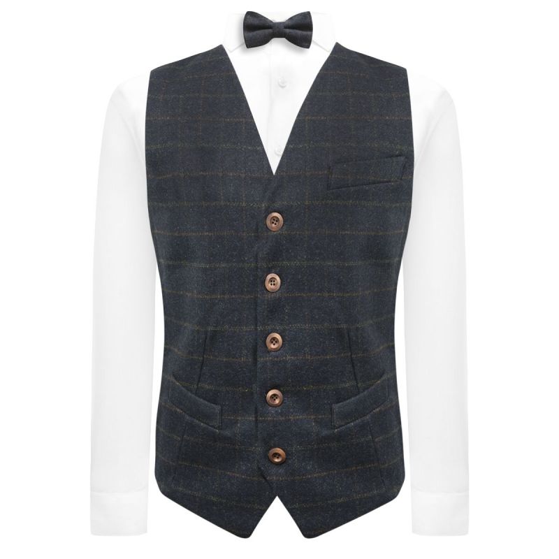 King & Priory Heritage Check Navy Blue Waistcoat
