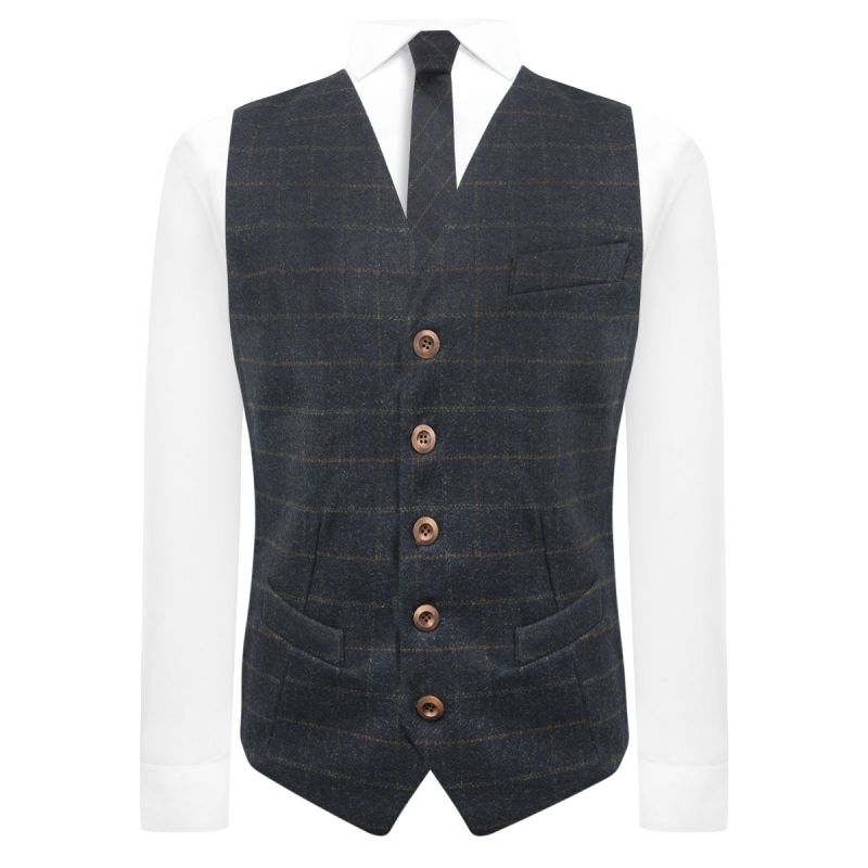 King & Priory Heritage Check Navy Blue Waistcoat