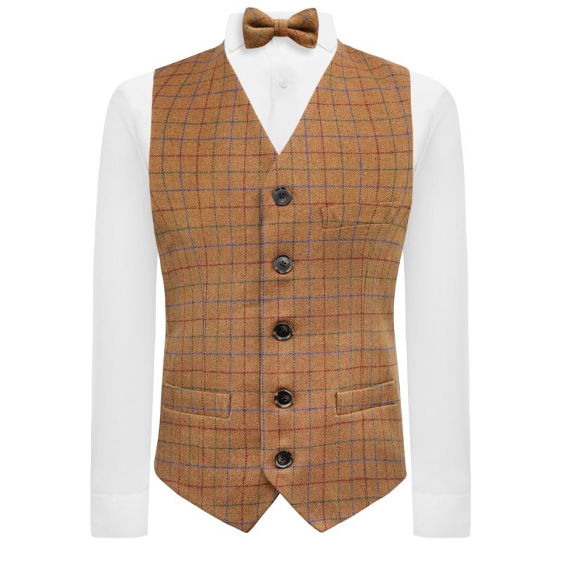 King & Priory Heritage Check Rustic Brown Waistcoat