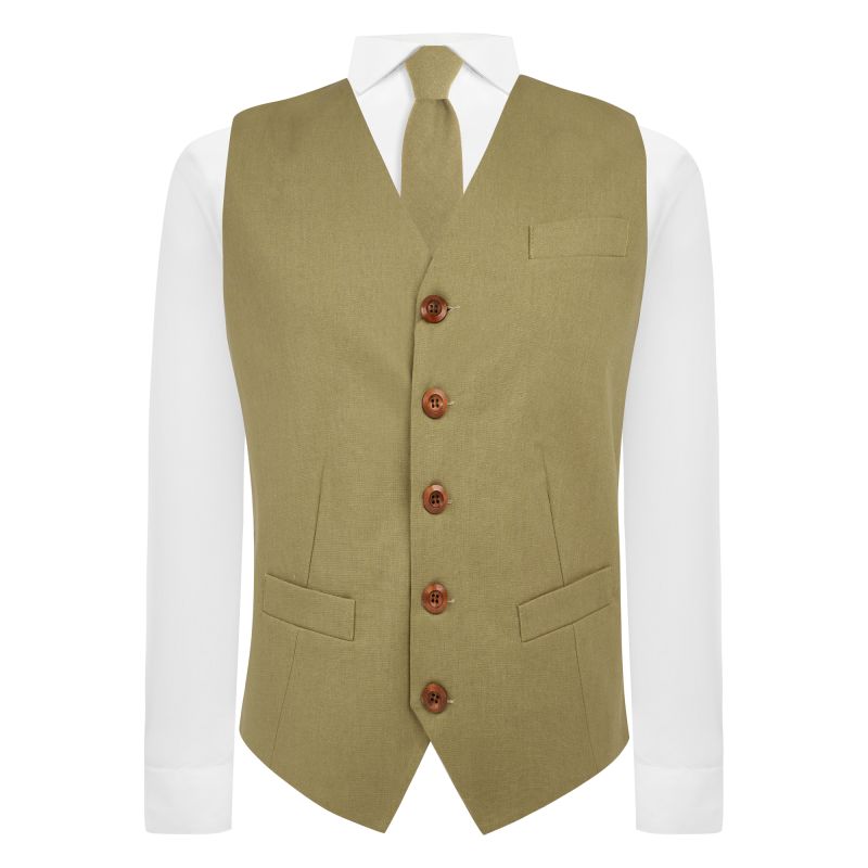 King & Priory Khaki Green Linen Waistcoat