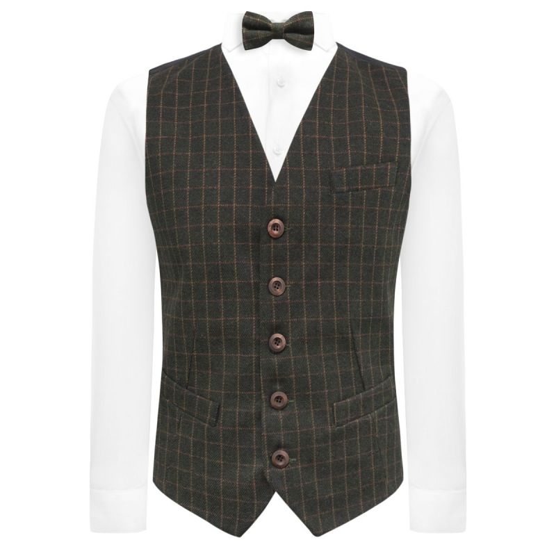 King & Priory Leaf Green Tattersall Check Waistcoat