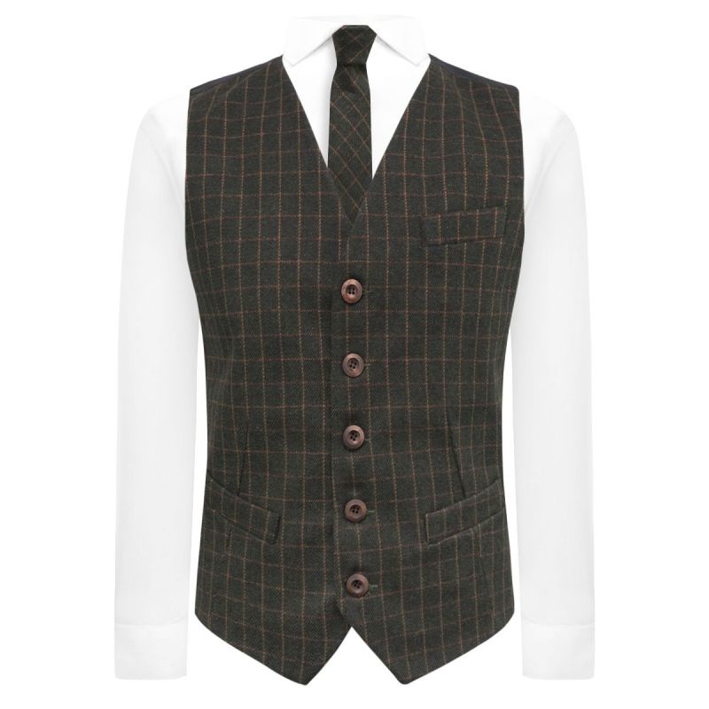 King & Priory Leaf Green Tattersall Check Waistcoat