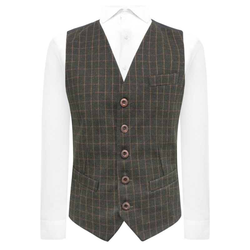 king & priory Leaf Green Tattersall Check Waistcoat