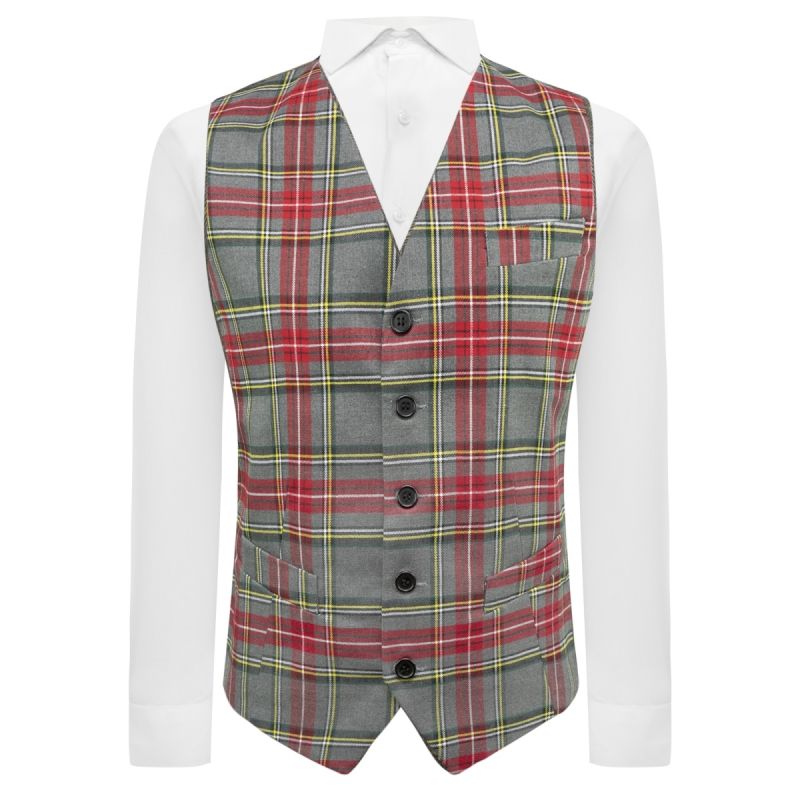 king & priory Light Grey Tartan Check Waistcoat