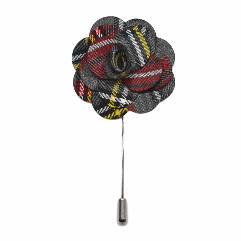 king & priory Light Grey Tartan Flower Lapel Pin