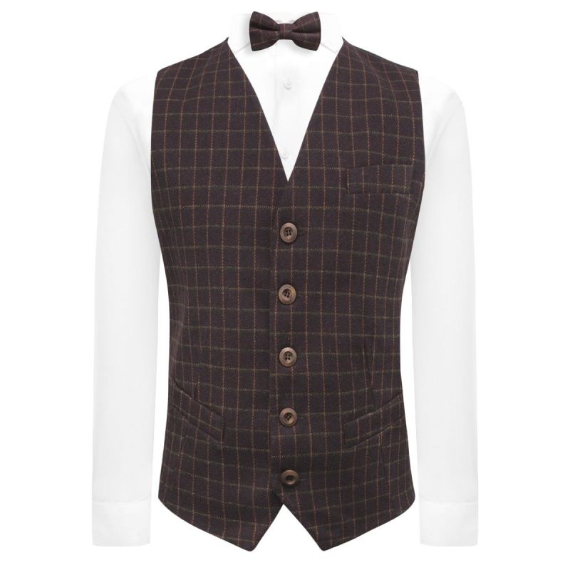 King & Priory Merlot Red Tattersall Check Waistcoat