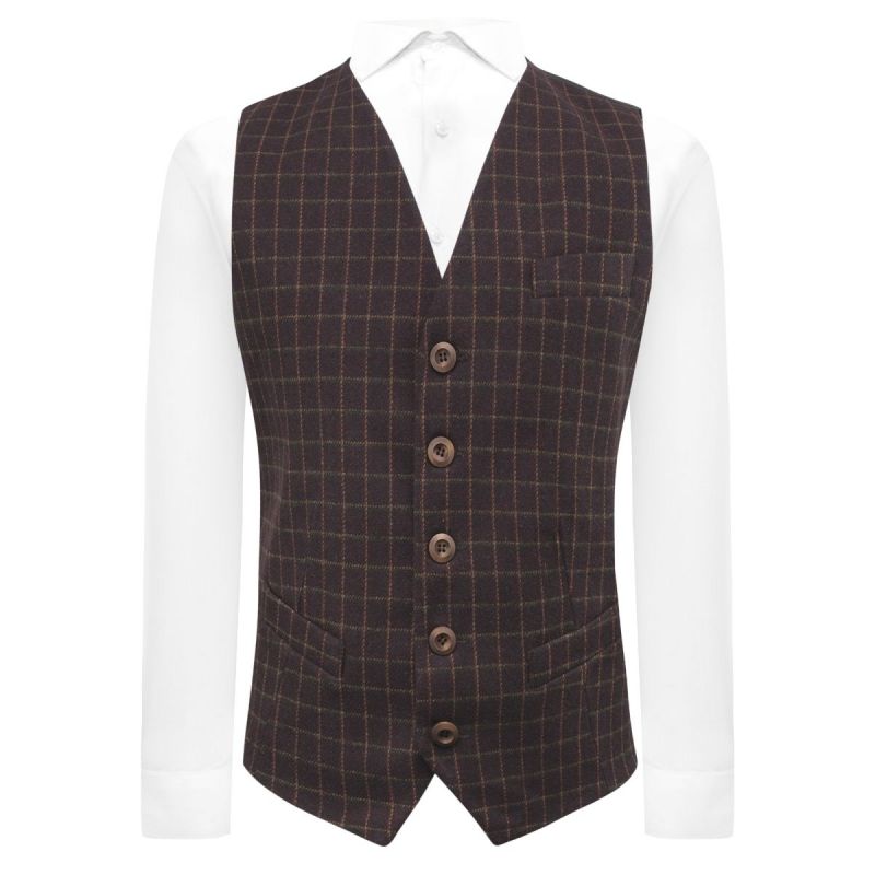 king & priory Merlot Red Tattersall Check Waistcoat