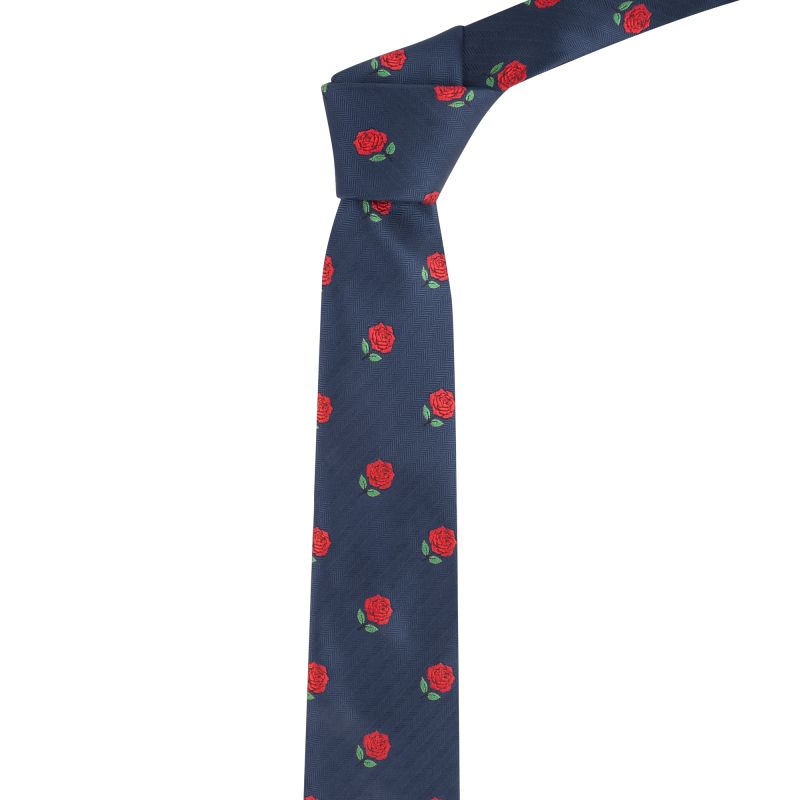 king & priory Navy Blue Red Rose Herringbone Tie