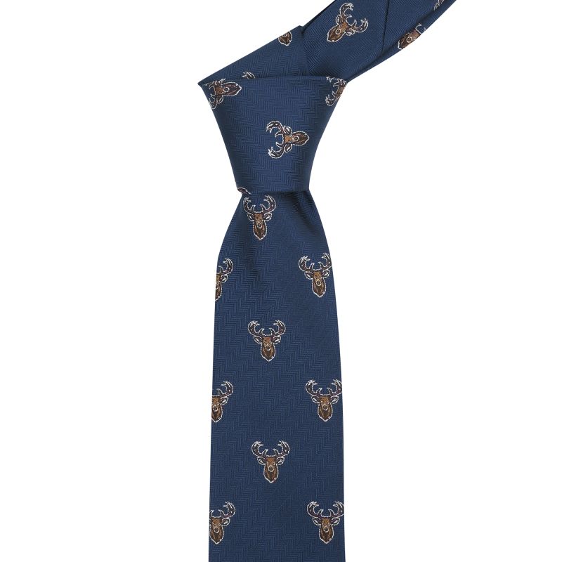 King & Priory Navy Blue Stag Head Herringbone Tie