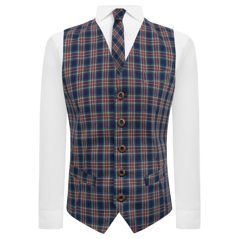 King & Priory Navy Blue Tartan Check Waistcoat