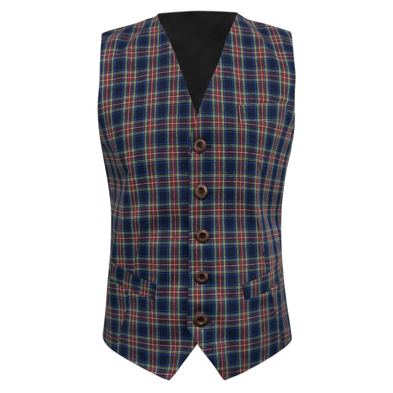 King & Priory Navy Blue Tartan Check Waistcoat