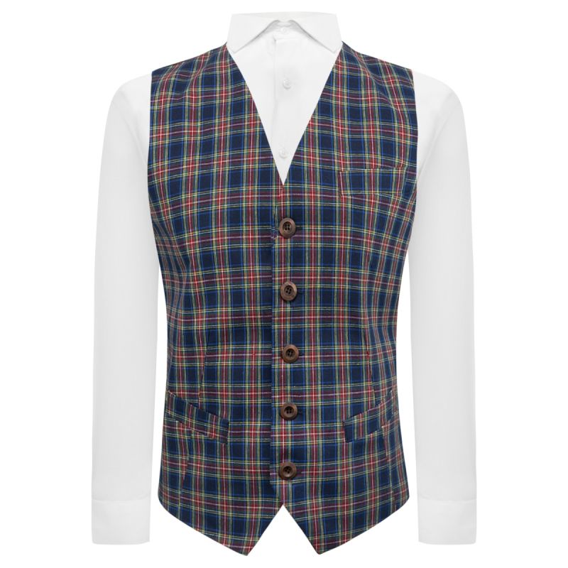 king & priory Navy Blue Tartan Check Waistcoat