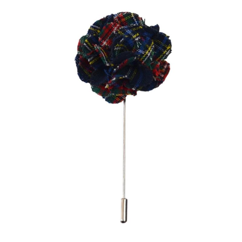 king & priory Navy Blue Tartan Flower Lapel Pin