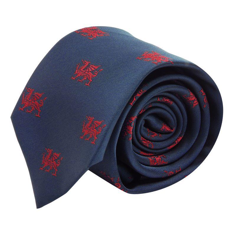 King & Priory Navy Blue Welsh Dragon Embroidered Tie