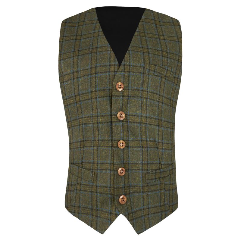 King & Priory Olive Green & Brown Check Waistcoat