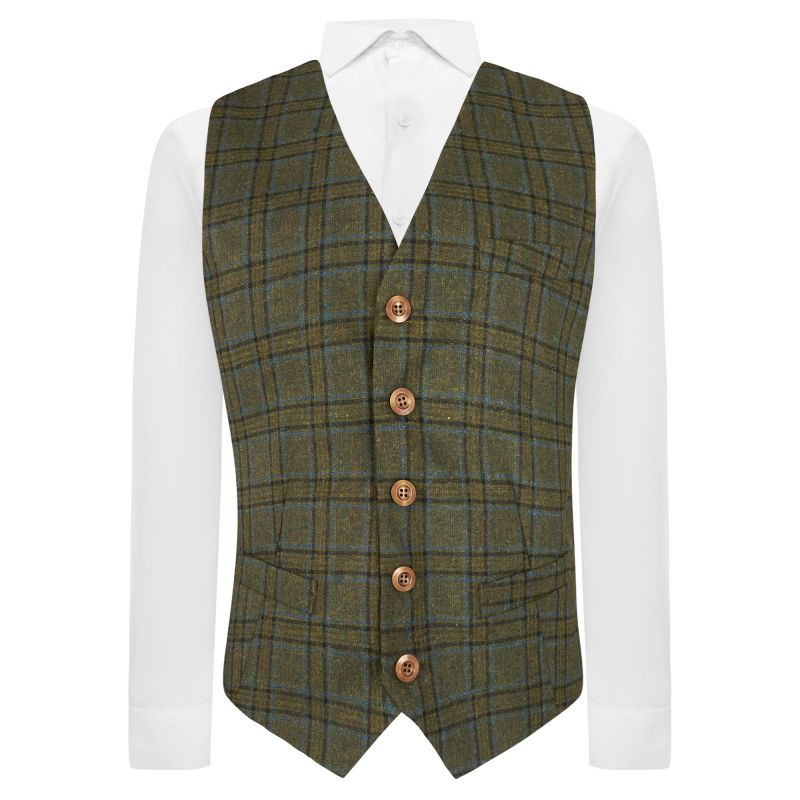 king & priory Olive Green & Brown Check Waistcoat