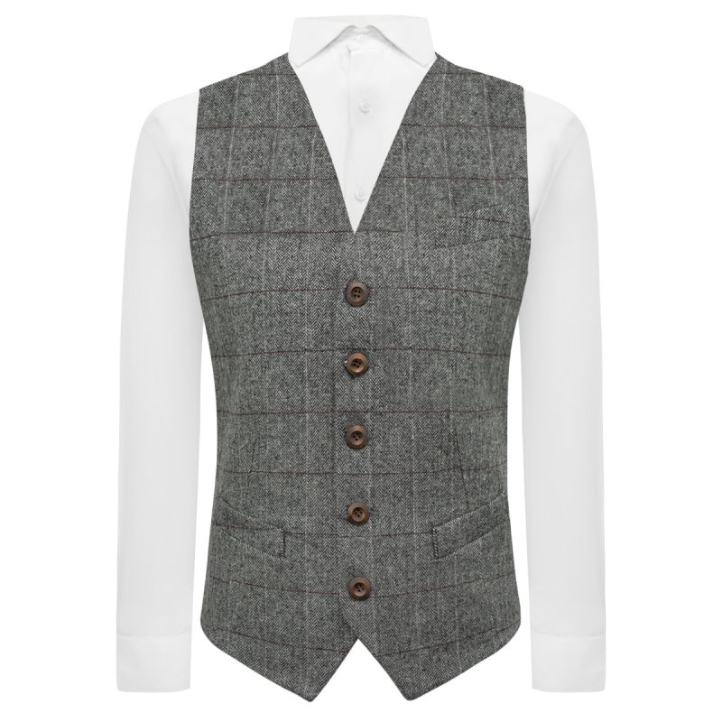 king & priory Pewter Grey Herringbone Waistcoat