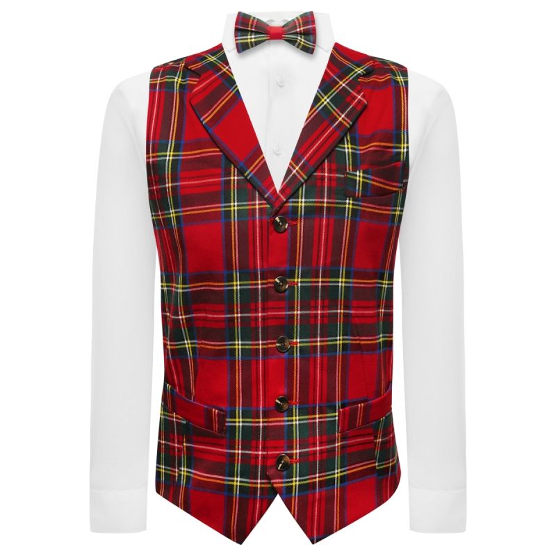 King & Priory Red Tartan Check Waistcoat With Lapel