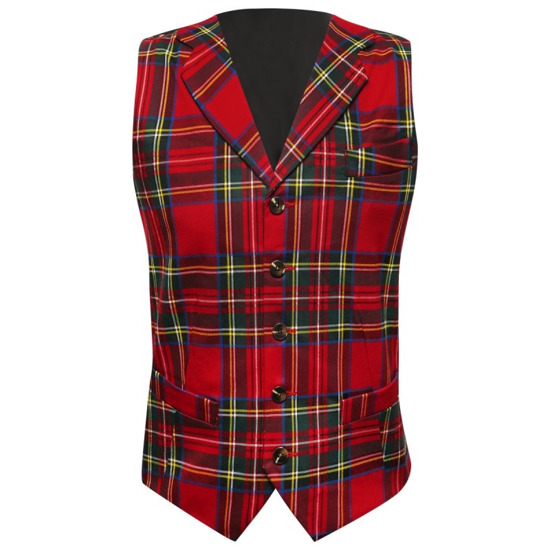 King & Priory Red Tartan Check Waistcoat With Lapel