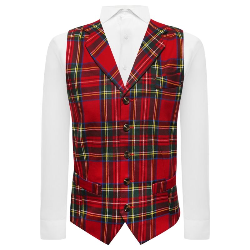 king & priory Red Tartan Check Waistcoat with Lapel