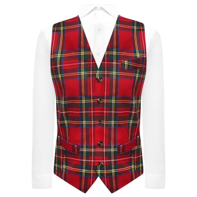 king & priory Traditional Red Tartan Check Waistcoat