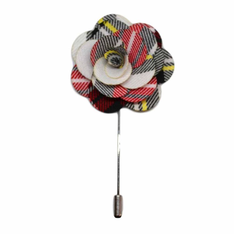 king & priory White Tartan Flower Lapel Pin