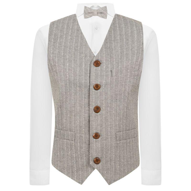 King & Priory Light Grey Herringbone With Pinstripe Waistcoat