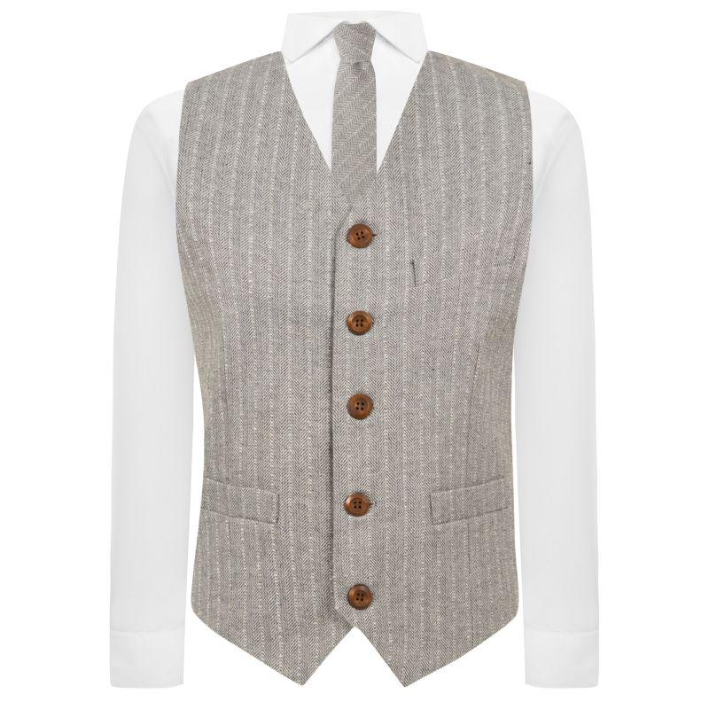 King & Priory Light Grey Herringbone With Pinstripe Waistcoat