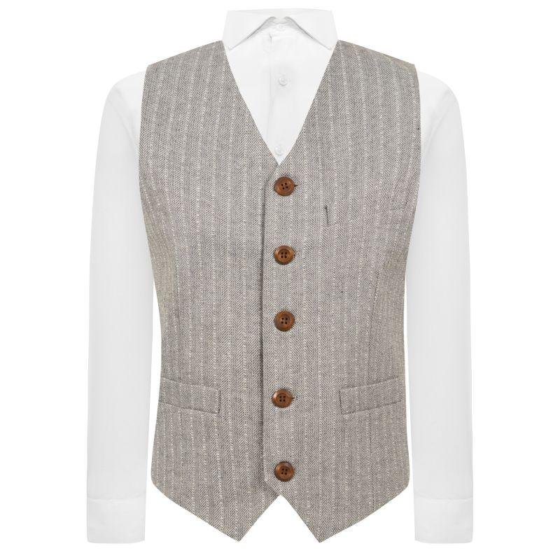 king & priory Light Grey Herringbone with Pinstripe Waistcoat