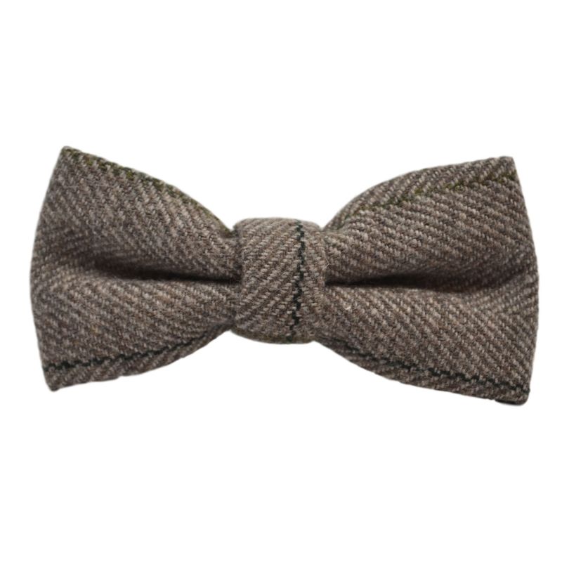King & Priory Light Khaki Brown Herringbone Check Bow Tie & Pocket Square Set