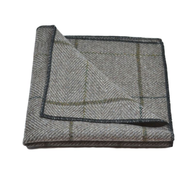 King & Priory Light Khaki Brown Herringbone Check Bow Tie & Pocket Square Set