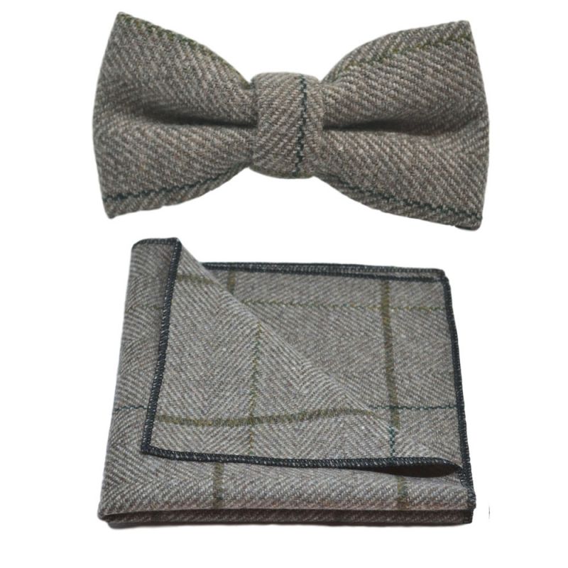 king & priory Light Khaki Brown Herringbone Check Bow Tie & Pocket Square Set