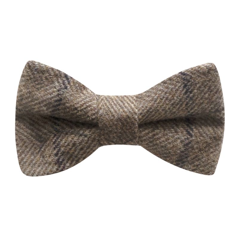king & priory Light Khaki Brown Herringbone Check Bow Tie