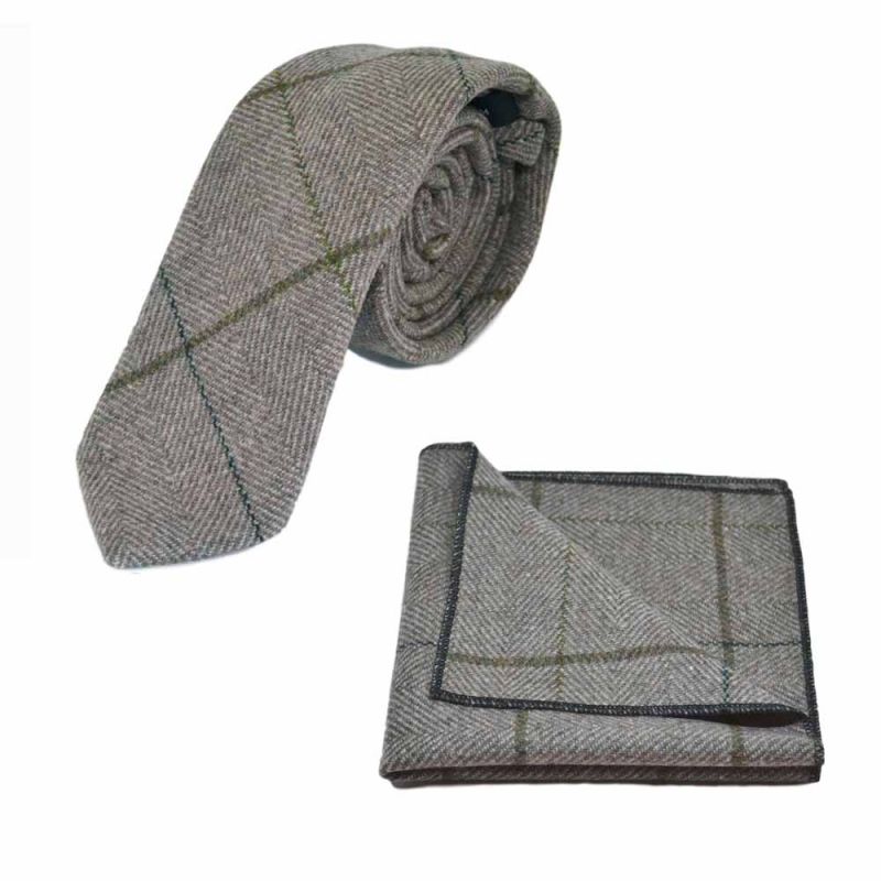 king & priory Light Khaki Brown Herringbone Check Tie & Pocket Square Set