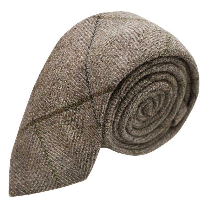 king & priory Light Khaki Brown Herringbone Check Tie
