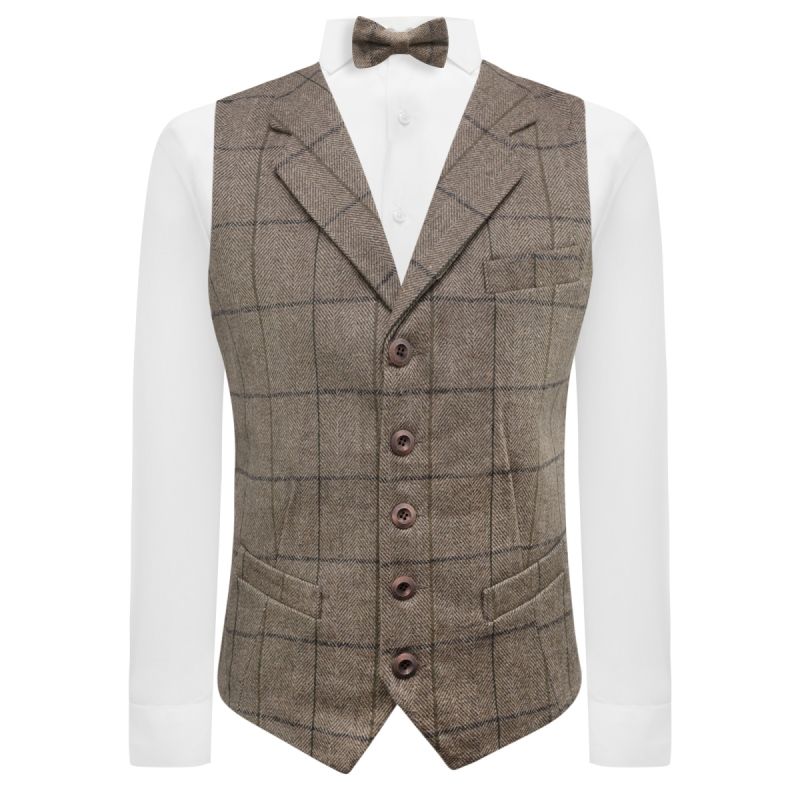 King & Priory Light Khaki Brown Herringbone Check Waistcoat With Lapel