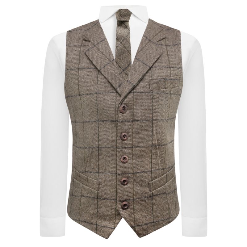 King & Priory Light Khaki Brown Herringbone Check Waistcoat With Lapel