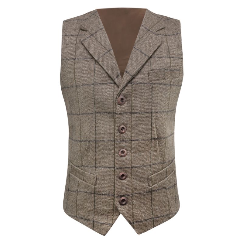 King & Priory Light Khaki Brown Herringbone Check Waistcoat With Lapel