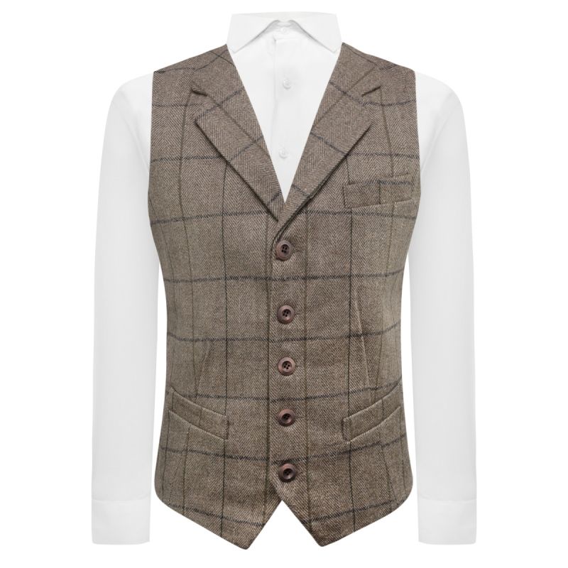 king & priory Light Khaki Brown Herringbone Check Waistcoat with Lapel