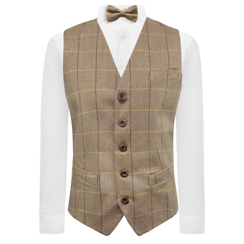 King & Priory Light Oak Brown Herringbone Check Waistcoat