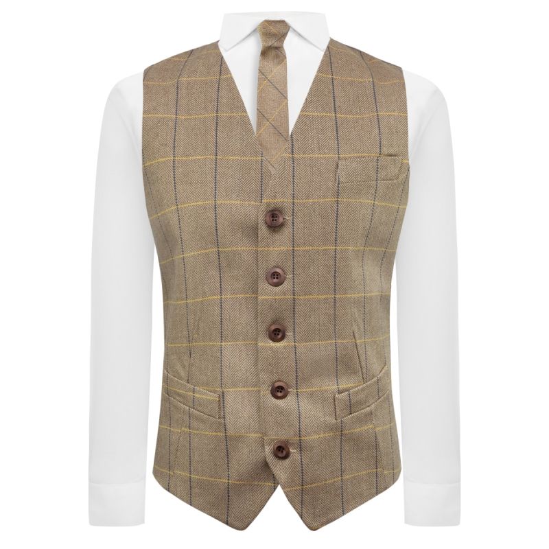 King & Priory Light Oak Brown Herringbone Check Waistcoat