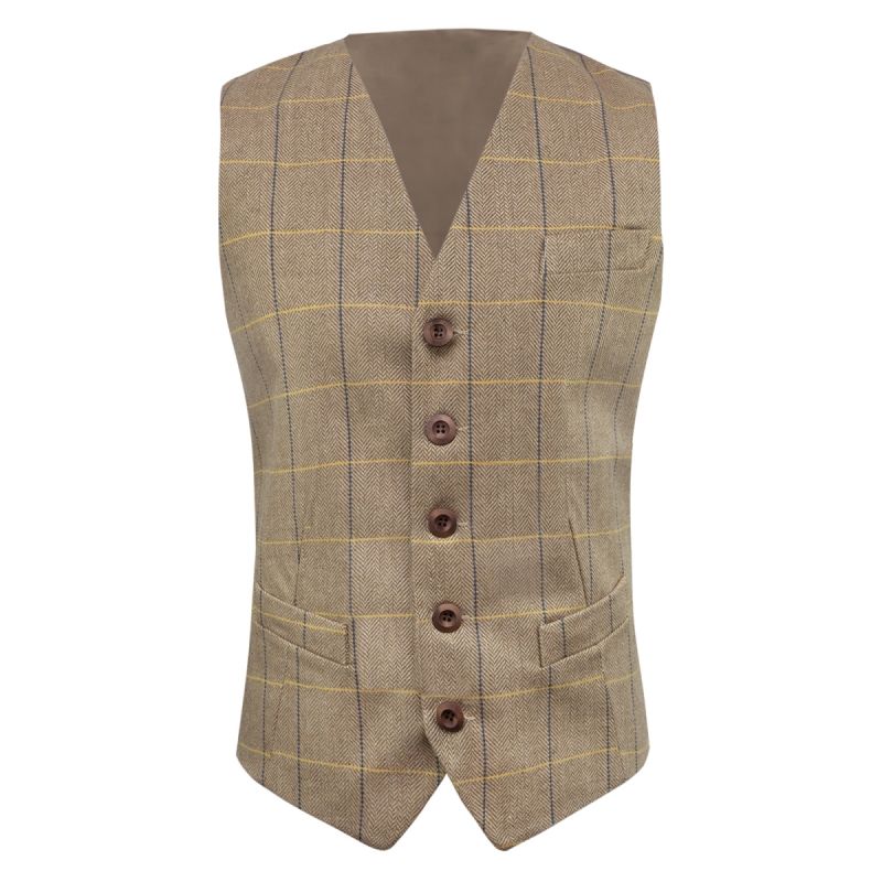 King & Priory Light Oak Brown Herringbone Check Waistcoat