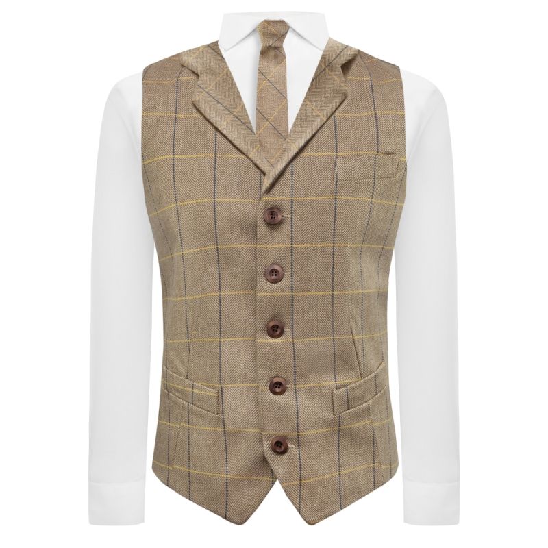King & Priory Light Oak Brown Herringbone Check Waistcoat With Lapel