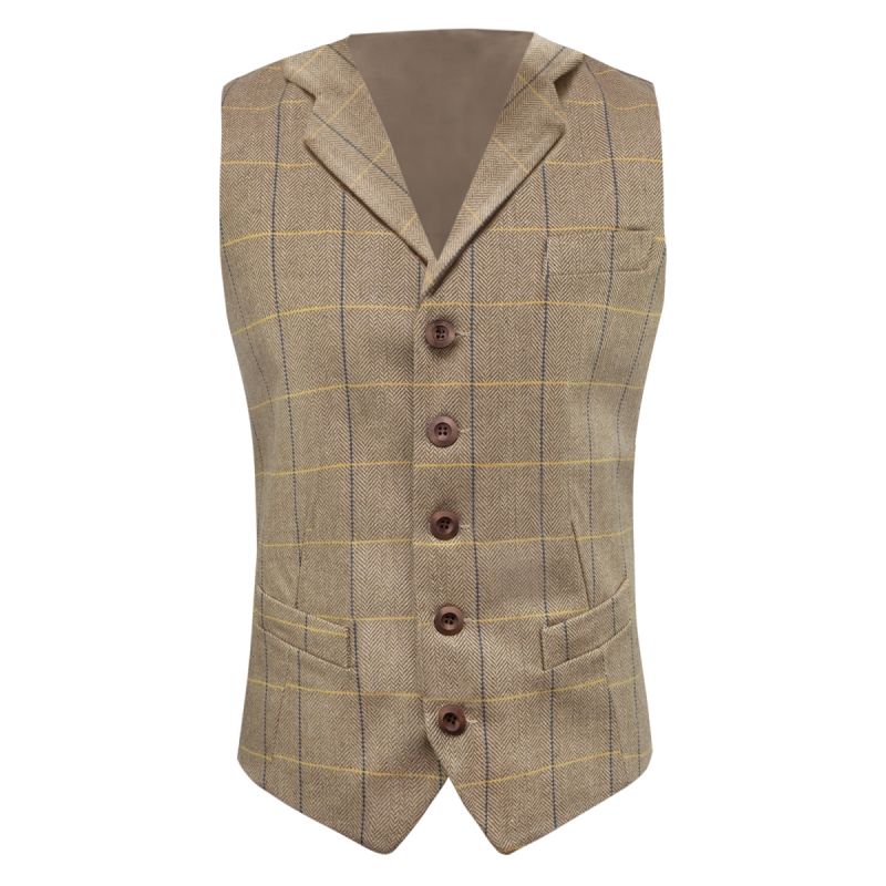 King & Priory Light Oak Brown Herringbone Check Waistcoat With Lapel