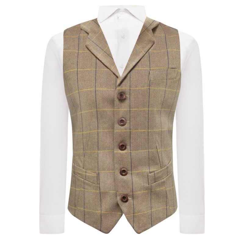 king & priory Light Oak Brown Herringbone Check Waistcoat with Lapel