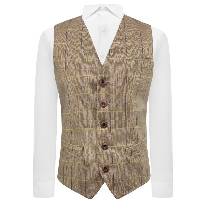 king & priory Light Oak Brown Herringbone Check Waistcoat