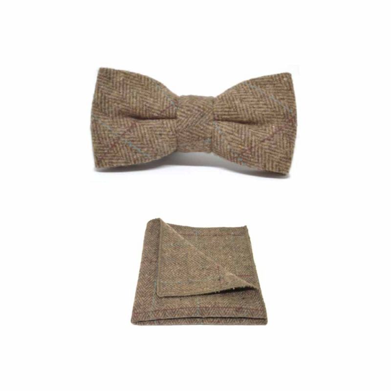 King & Priory Luxury Herringbone Brown Tweed Bow Tie & Pocket Square Set Boxed