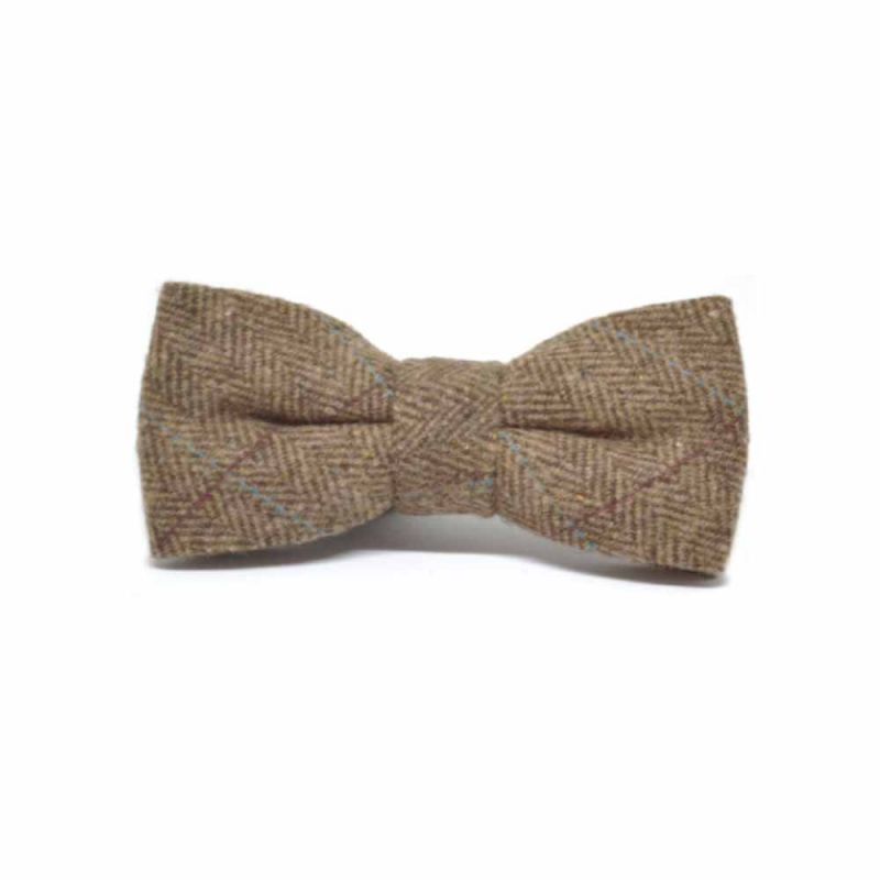 King & Priory Luxury Herringbone Brown Tweed Bow Tie & Pocket Square Set Boxed
