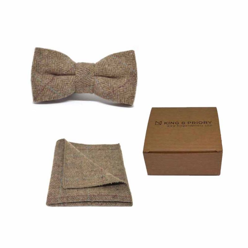 king & priory Luxury Herringbone Brown Tweed Bow Tie & Pocket Square Set Boxed